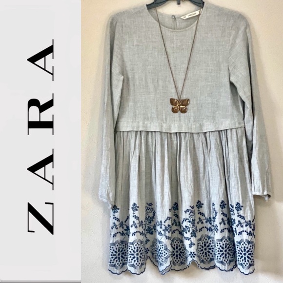 Zara Dresses & Skirts - Zara Gray Dress Blue Embroidery So Lovely!